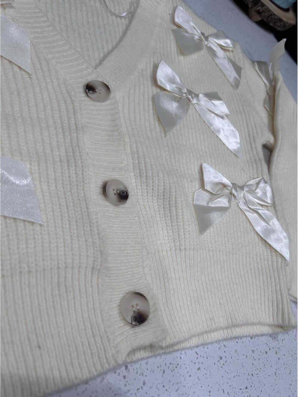 Debut Cream Button-Down Cardigan - Ribbon Bow Accents - Size S/M - Cottagecore - Picture 8 of 8